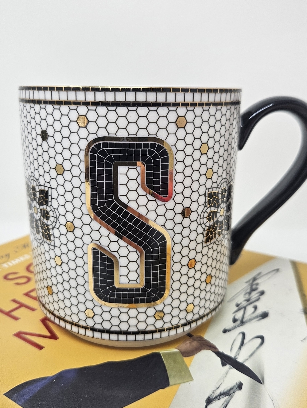 Anthropologie Margot Letter S Coffee Mug Hexagon Tiles White Black Gold 12oz
